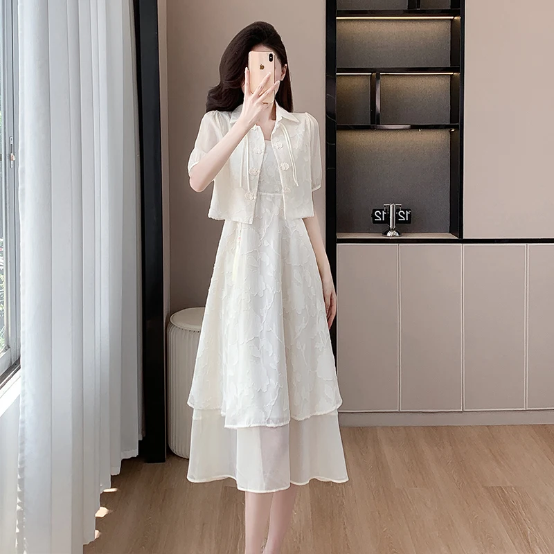 새로운 중국 스타일 Hanfu 긴 드레스 여름 2024 새로운 도착 여성의 몸집이 작은 드레스 세트 민족 의상 세련된 복장