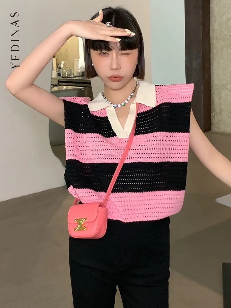 Yedinas Patchwork Knitted Striped Tank Top Sleeveless Summer Top Korean