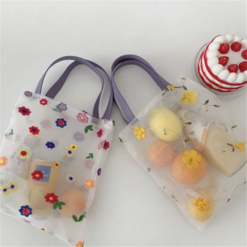 

Women Gauze Transparent Bag Summer Flowers Embroidery Exquisite Lunch Box Picnic Fruits Bottles Ins Portable