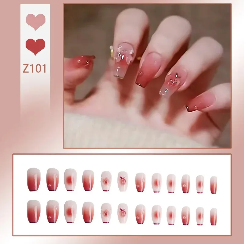 24pcs-Gradient Color Manicure Peach Design Oxed Love Peach Bow Color Changing with The Sun Light  3D Wearing Nail