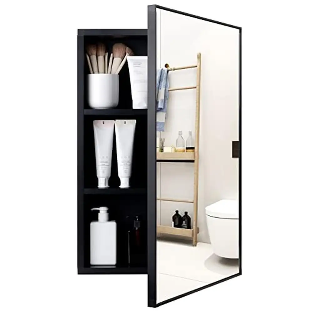 

Wall Mounted Bathroom Mirror Medicine Cabinet Black Storage Vanity Organizer Shelf