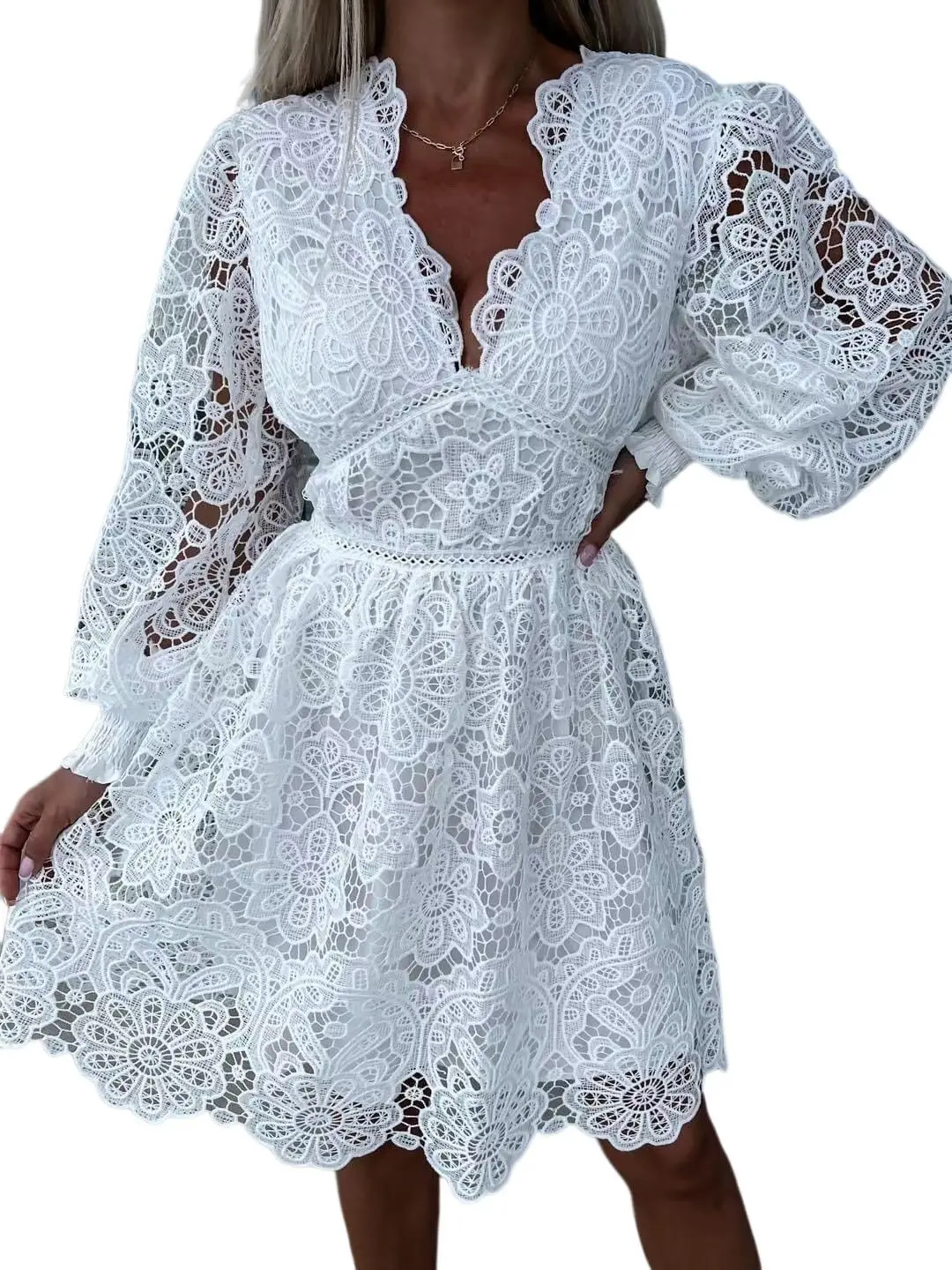 

Fashion Summer Women Dress Lace Sexy V-neck Long Sleeve Hollowed out A Ling Dresses