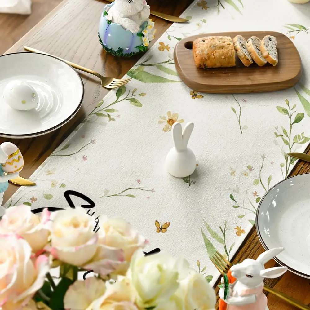 Easter Bunny Butterfly Eggs Flowers Linen Table Runner Holiday Party Decor Spring Kitchen Dining Table Runner Easter Decorations 4