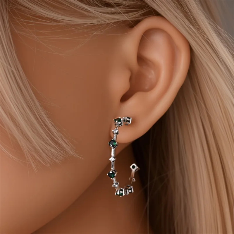 New 925 Sterling Silver Green Zircon Snake & Lucky Clover Big Hoop Earrings For Women Birthday Earrings Gift