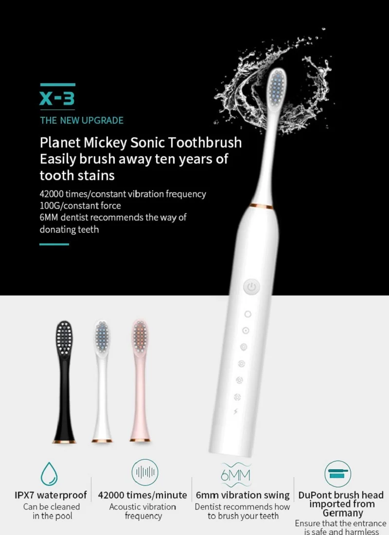 X-3 Sonic Electric Toothbrush for Adults and Kids With Soft Duponts Bursh Heads USB Rechargeable 6 Cleaning Modes Waterproof