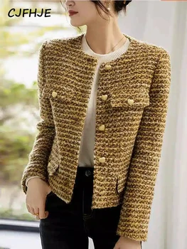 CJFHJE Women’s Gold Short Woolen Coat Autumn Winter New Korean Fashion Tweed Coat Elegant Retro Female OL Outwear Wool Jacket