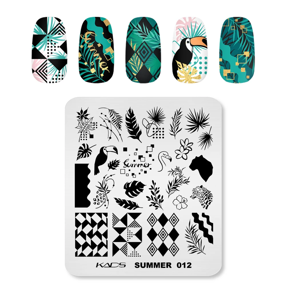 KADS Summer 012 Nail Stamping Plate Leaves Dots Squares Geometric Lines Parrot Patterns Nail Art Stamping Template Manicure Tool 3