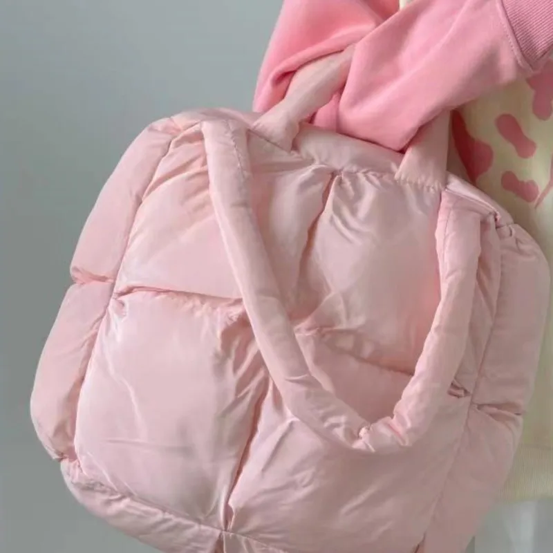 JIAERDI Sweet Cute Pink Tote Bag Women Puffed Checkerboard Soft Shoulder Bags Ladies Square Large Capacity Pillow Underarm Bag
