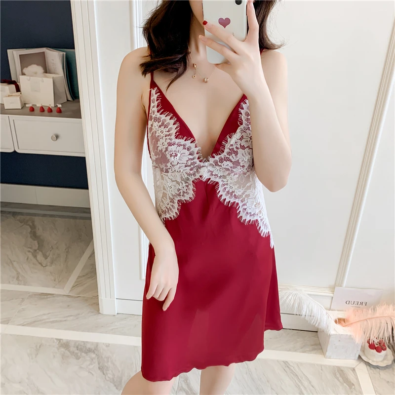 Long sleeve with chest cushion strap sexy two-piece nightdress Ladies embroidered ice silk satin nightgown pajamas