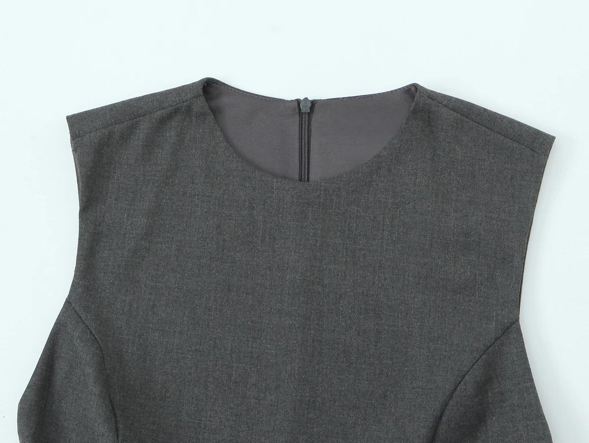 Women's Gray Slim Fit With Belt Dress O-Neck Collar Sleeveless Female Elegant Temperament Daily Commute Mini Skirt Streetwear