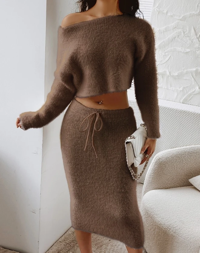 Elegant Two Piece Outfits for Women Skew Neck Fuzzy Knit Long Sleeve Sweater Tops and Drawstring Skinny Midi Skirt Set