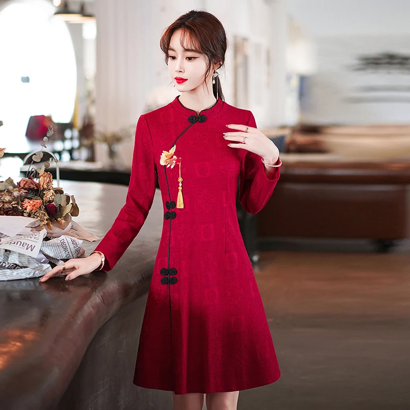 Chinese Style New Year Improved Cheongsam Women Autumn Long Sleeve Stand Collar Retro Buckle Elegant Slim Mini Dress Lady Qipao 3