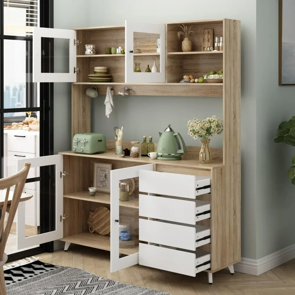 Kitchen Pantry Storage Cabinet, Shelves & Drawers, Modern Sideboard Buffet Cabinet, Wood Kitchen Cupboard with Hutch and Hooks 2