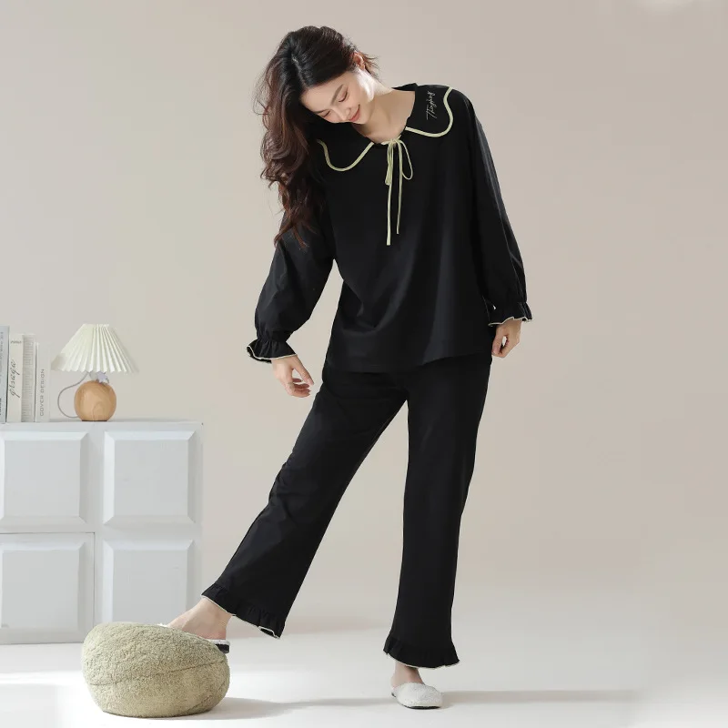 

Весенняя Пижама 2024, женские штаны с длинным рукавом из чистого хлопка, тонкий домашний комплект одежды с круглым вырезом, свободный и удобный