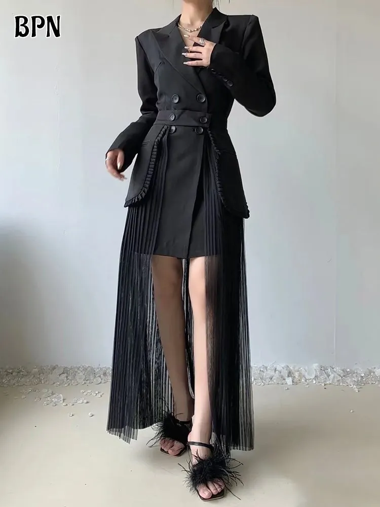 BPN Elegant Two Piece Sets For Women Notched Collar Long Sleeve Blazer High Waist Spliced Sheer Mesh Skirts Soild Set Female New