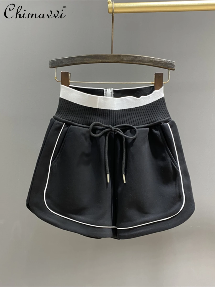 

2024 Summer New Fashion Stitching Contrast Color High Waist Casual Sports Shorts Women's Loose A- Line Wide Leg Pants Hot Pants