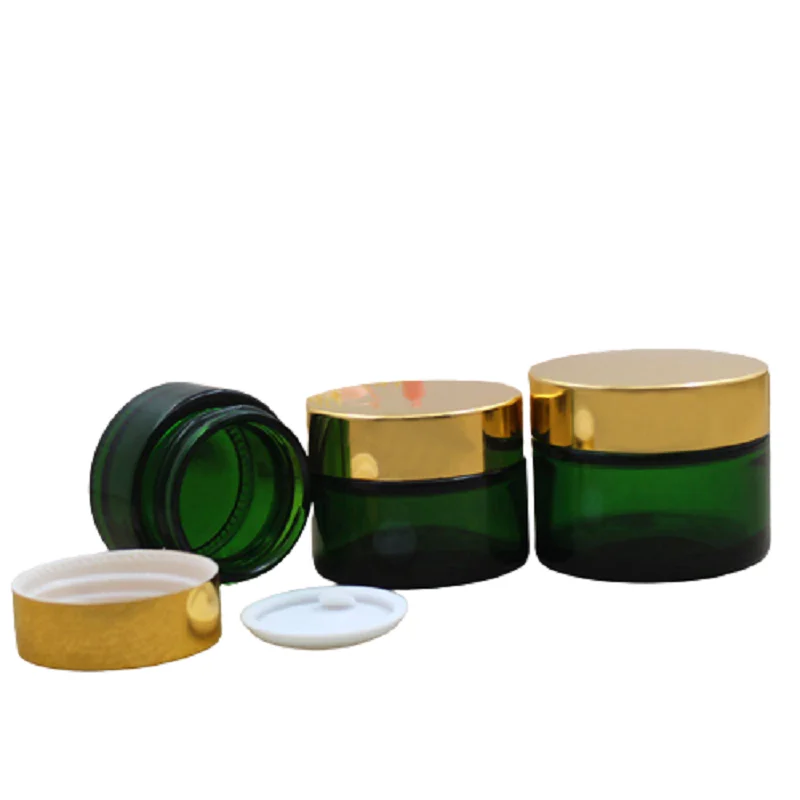 

15pcs Cosmetic Glass Jar Empty Portable Green Makeup Container Shiny Gold Lid Refillable Bottle Skincare Cream Pots 20g 30g 50g