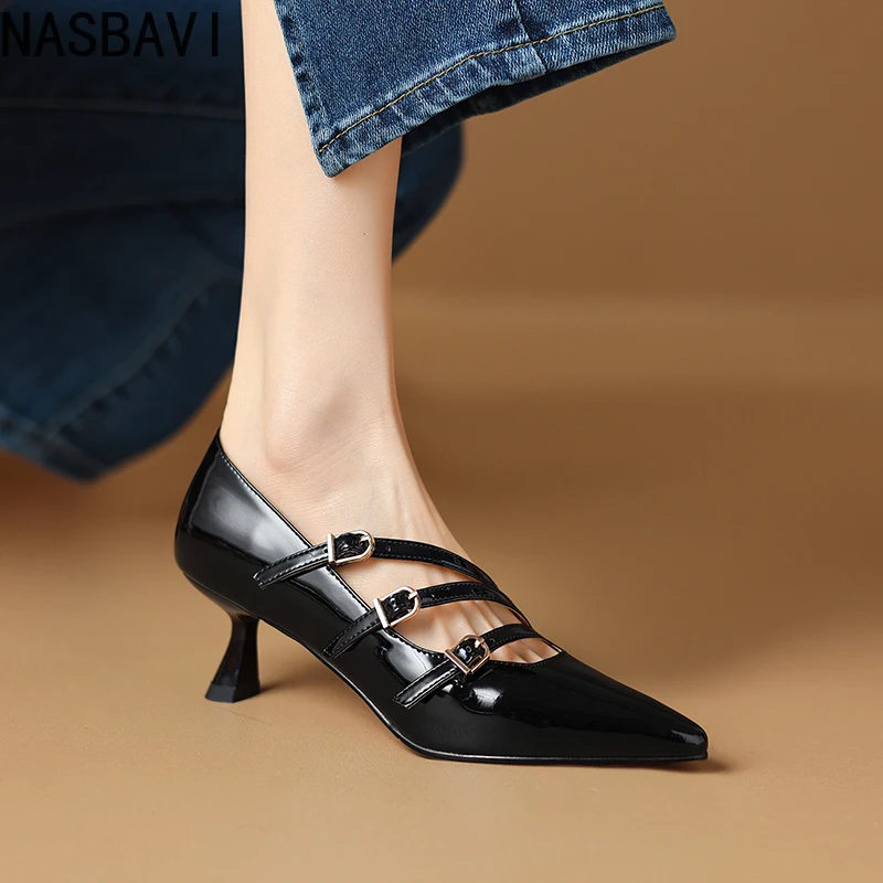 NASBAVI Women's New Spring Genuine Leather Sheepskin Pointed Three Row Buckle High Heel Large Mary Jane Work Single Shoes 34-46 4