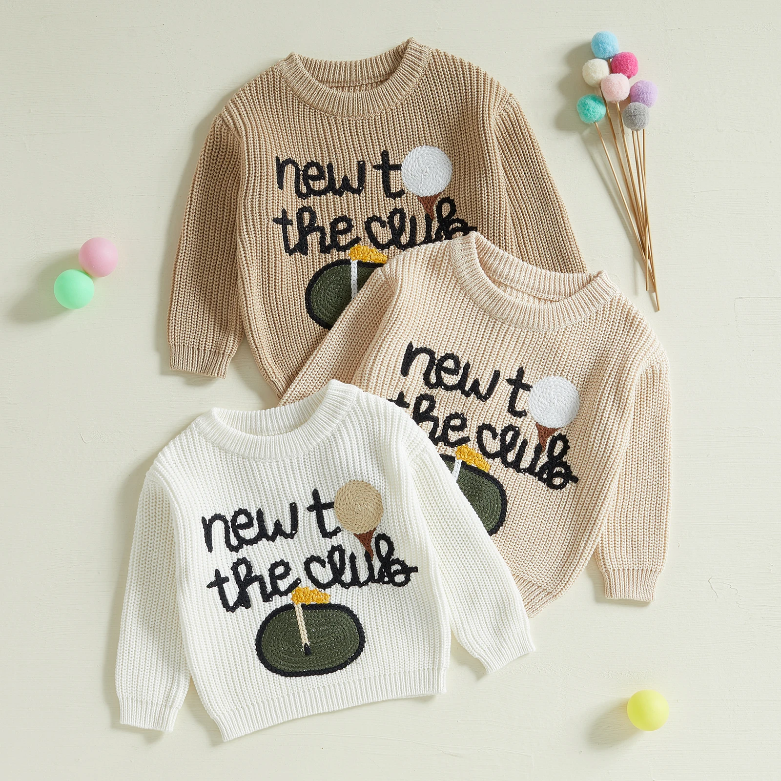 FOCUSNORM 0-3Y Autumn Winter Baby Boys Girls Sweater 3 Colors Golf Letter Embroidery Long Sleeve Crew Neck Knitwear Pullover
