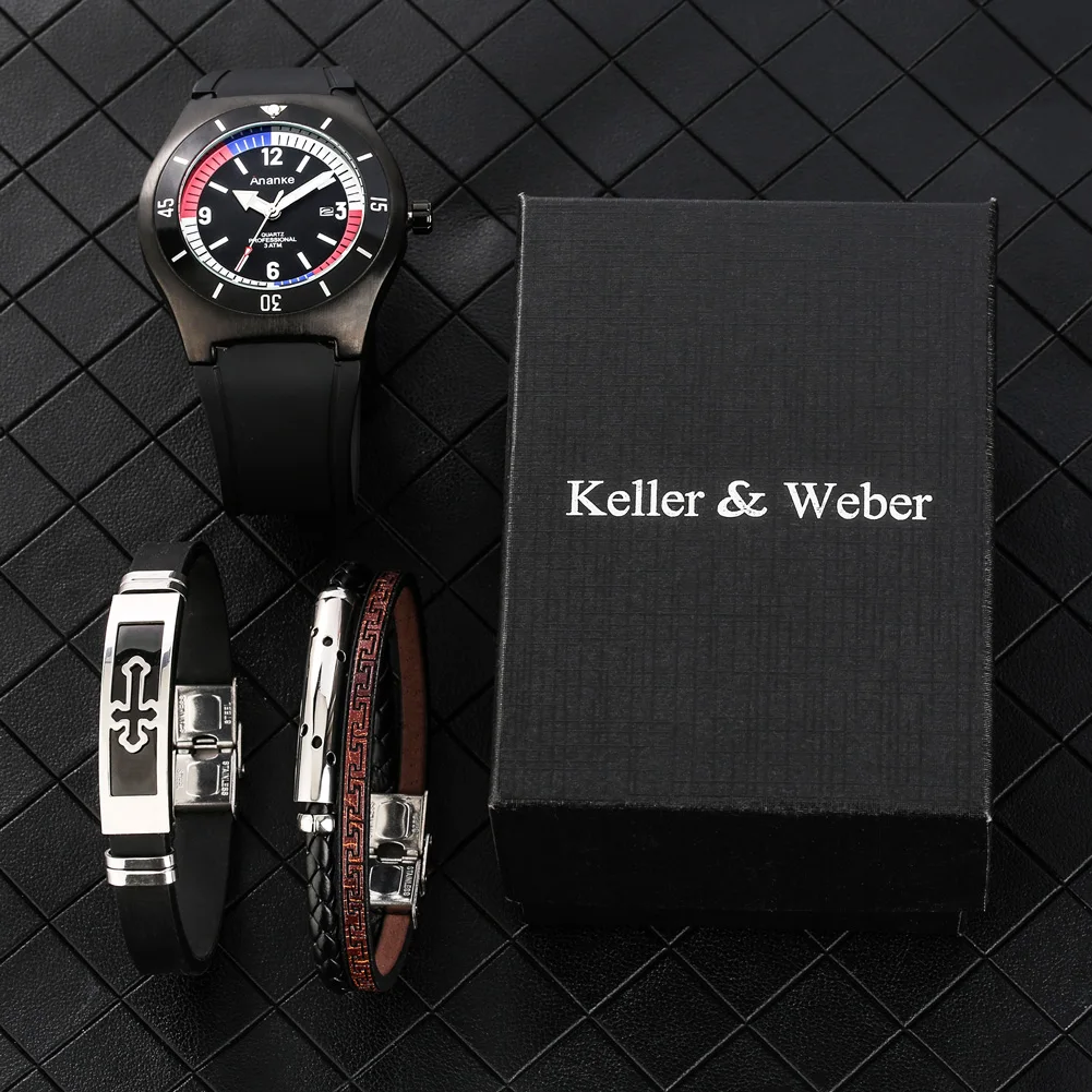 Leisure Watch Men Luxury Gift Set for Boyfriend Silicone Calendar Waterproof Quartz Wrist Watch with Bracelets Set Reloj Hombre