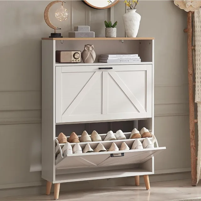 Freestanding Farmhouse Style Shoe Storage Cabinet with Flip Drawers and Door