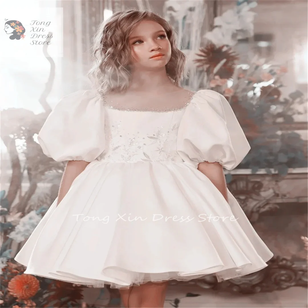 

Flower Girl Dresses Satin Sequin Appliques First Communion Gown White Angel Short Sleeves For Wedding Kids Birthday GIft Party