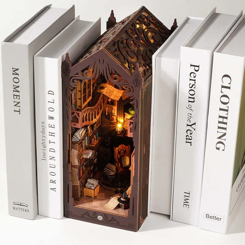 DIY Book Nook Wooden Miniature Model Kit Magic Library Casa Bookend Assembled 3D Puzzle Bookshelf Home Decor Friends Gifts 3