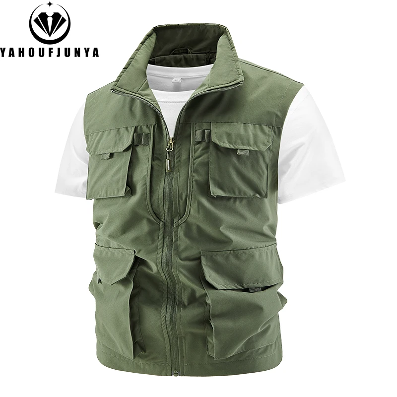 Men's Sleeveless Outdoor Casual Vest Summer Fishing Multiple Pockets Solid Stand Collar Zipper sleeveless vest sleeveless vests fashionable vests