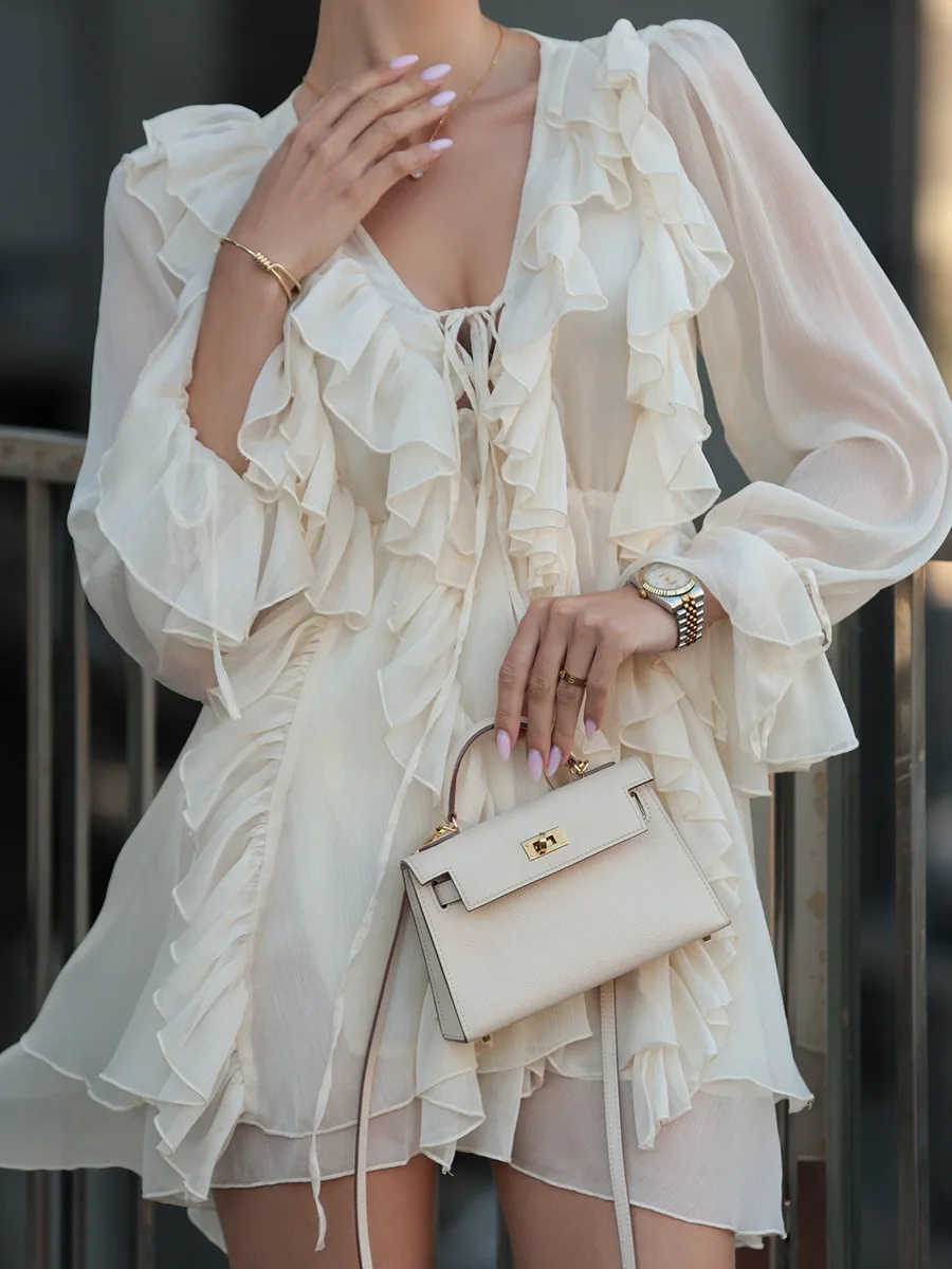 Elegant Chiffon Dress - Womens Spring Deep V Neck Lantern Sleeve Ruffle Tie Waist Skirt