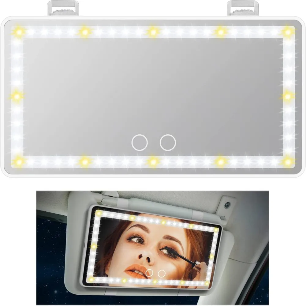 Car Sun Visor Vanity Mirror Cosmetic Mirror Rechargeable Makeup Mirror with 3 Light Modes 60 Leds Dimmable Clip-on Rear Wireless