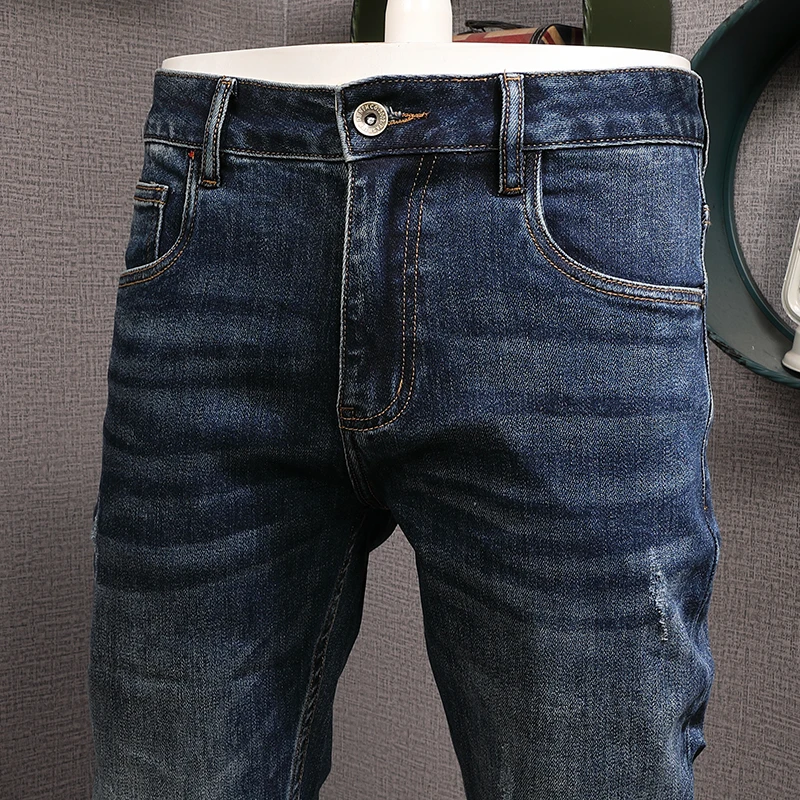 Newly Fashion Vintage Men Jeans High Quality Retro Blue Elastic Slim Ripped Jeans Men Pocket Designer Casual Denim Pants Hombre