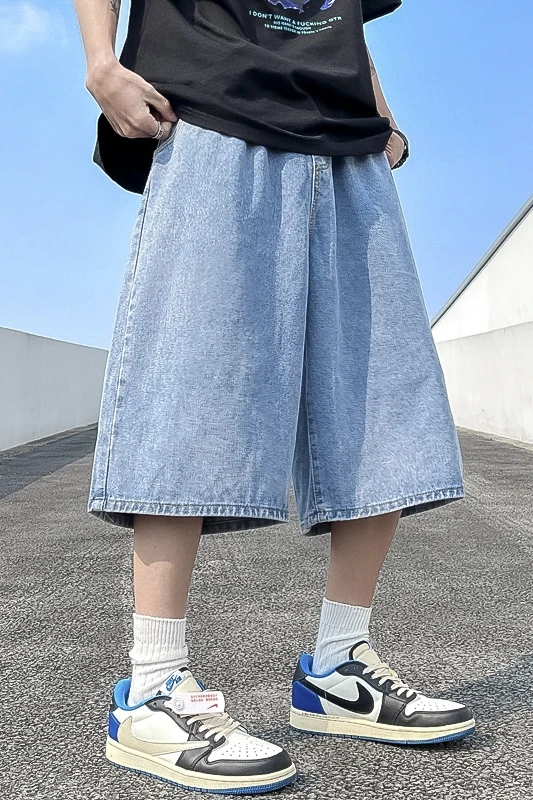 Solid Color Denim Shorts Jeans Men Loose Straight Cut Retro Blue Male Hip Hop Shorts Men Summer Distressed Big Size B70
