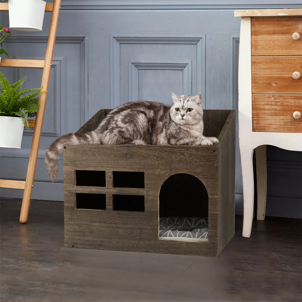 2 In 1 Wooden Cat House Puppy Rabbit Hideout Shelter Small Cat Pet End Table Furniture with Soft Washable Cushion Indoor Outdoor - Image 3