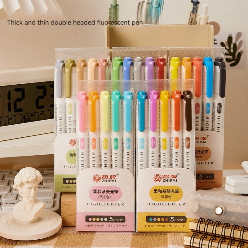 5 Colors box Double Headed Highlighter Pen Set Fluorescent Drawing Markers Highlighters Pens Art Japanese Cute Pastel Stationery