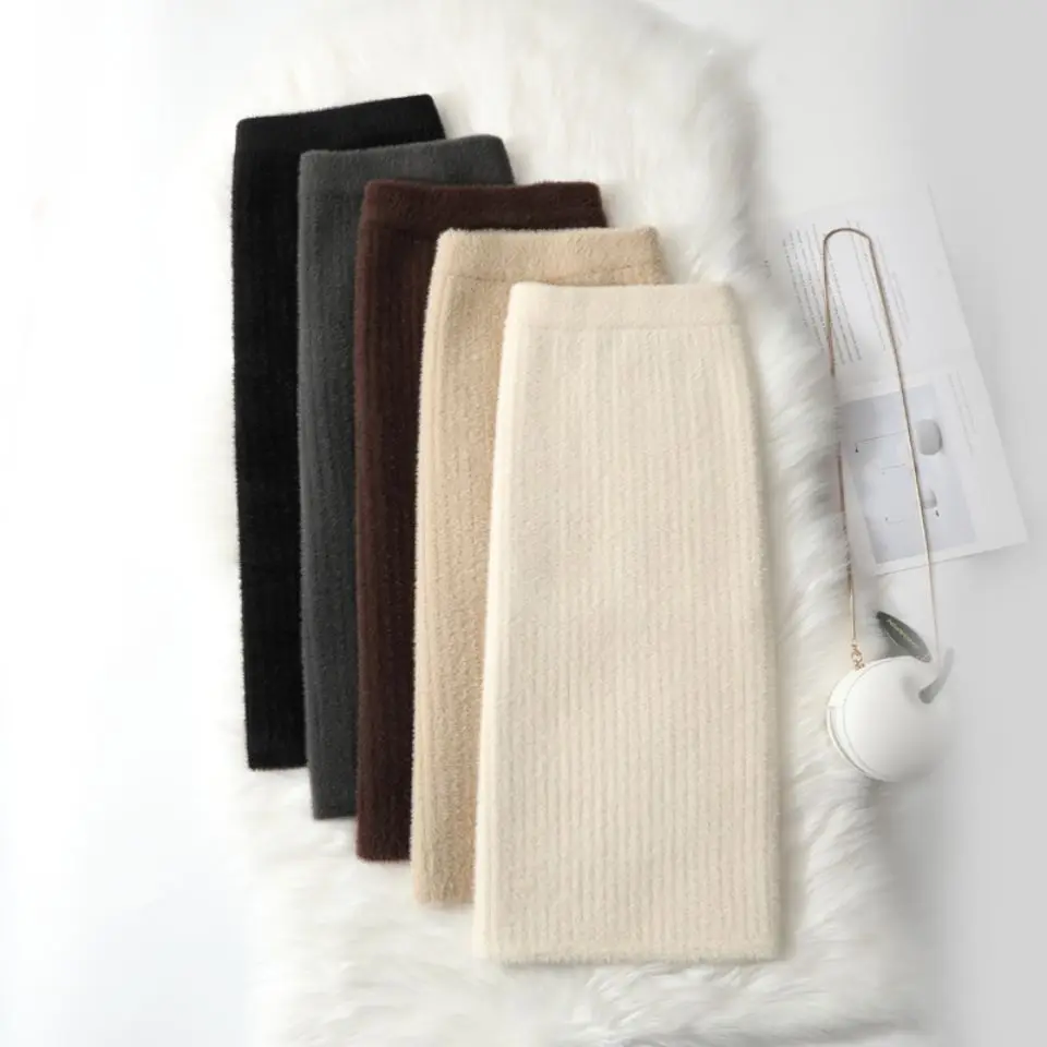 

Plain Knitted Skirts Split High Waist Elastic Flocking Mujer Faldas Mid-length Skirt Casual Women Clothes Drop Shipping T156