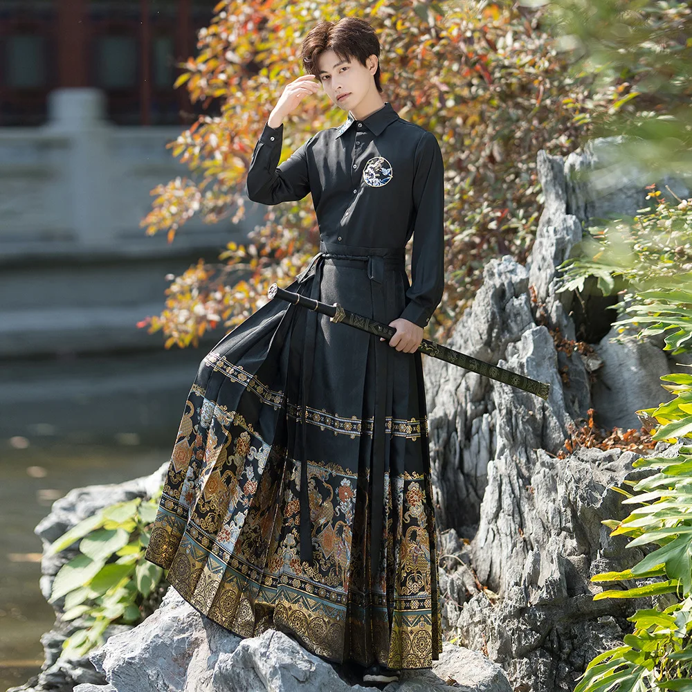 

Ancient Chinese Dress Hanfu Men Traditional Embroidery Dresses China Style Martial Arts Cosplay Costume Horse Face Skirt Suit