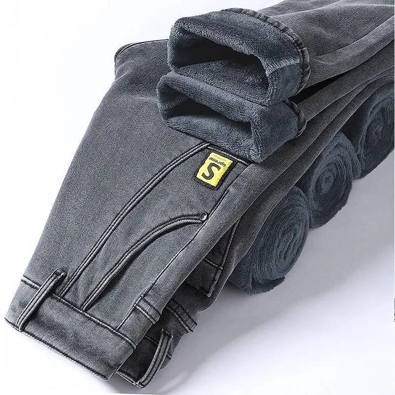 Winter New Fashionable Solid Color With Thick Fleece and Warm Straight Leg Elastic Jeans For Men's Casual Sports High-end Jeans 4