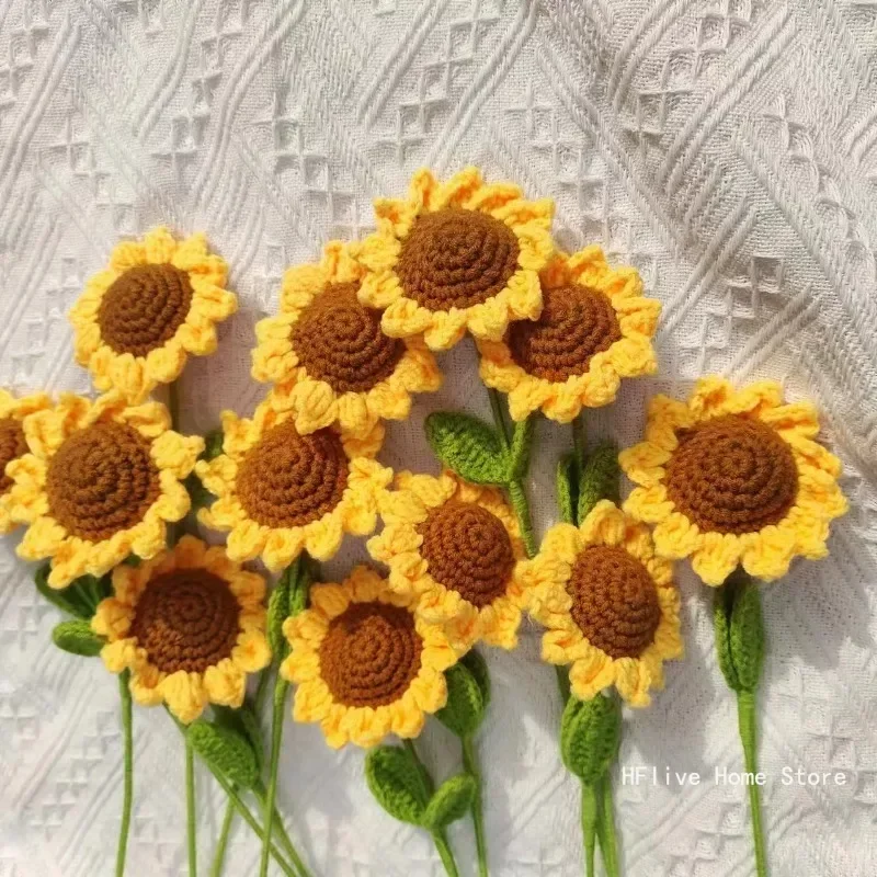 Cute Finished Crochet Sunflower Bouquet Artificial Flowers Hand-Knitted for Women Mother Home Room Decor Flower s Gift crochet kit