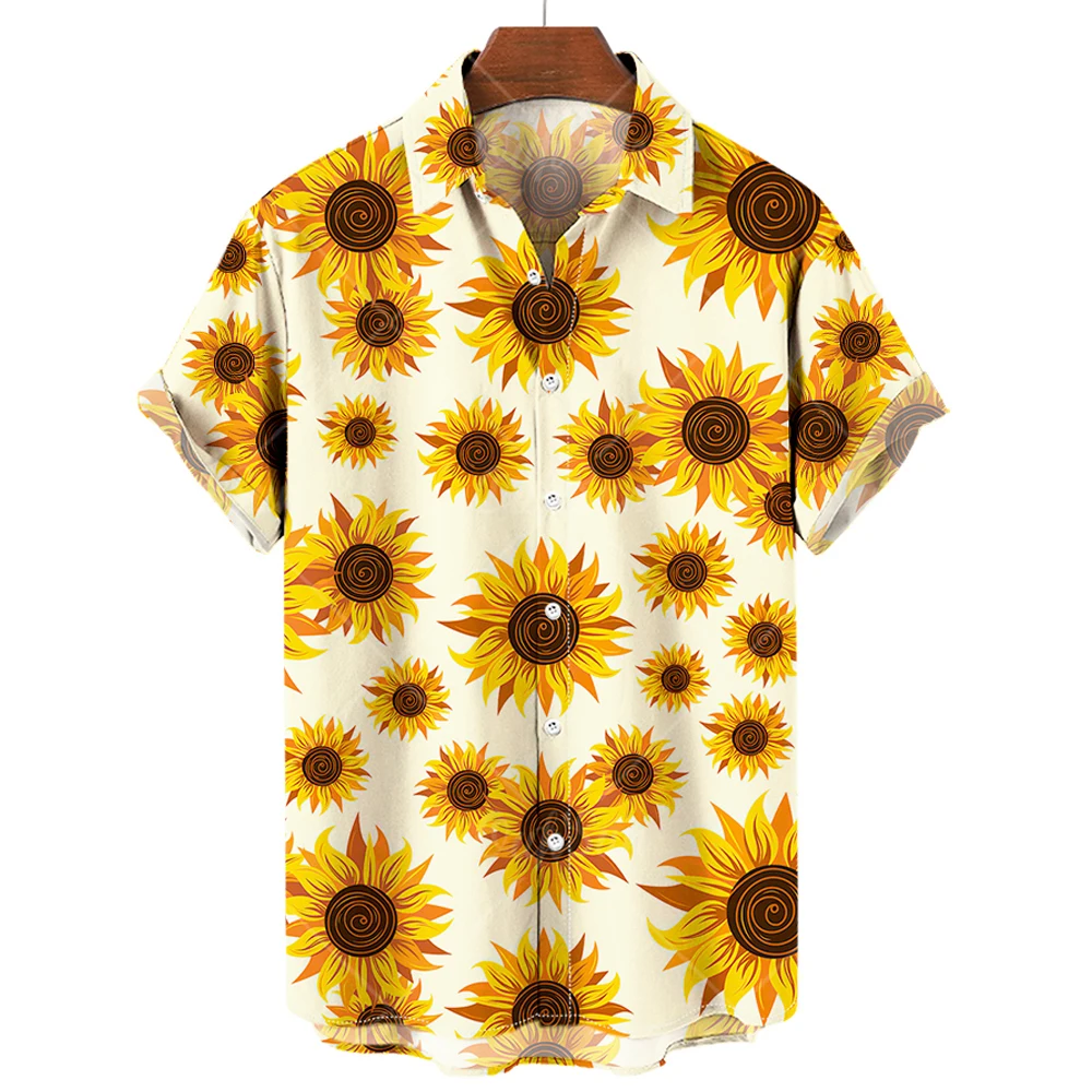 Hawaiian Men's Shirts 2023 Sunflower Sunshine Print Lapel Shirts For Men Fashion Short Sleeve Tops Loose Oversized Men Clothing