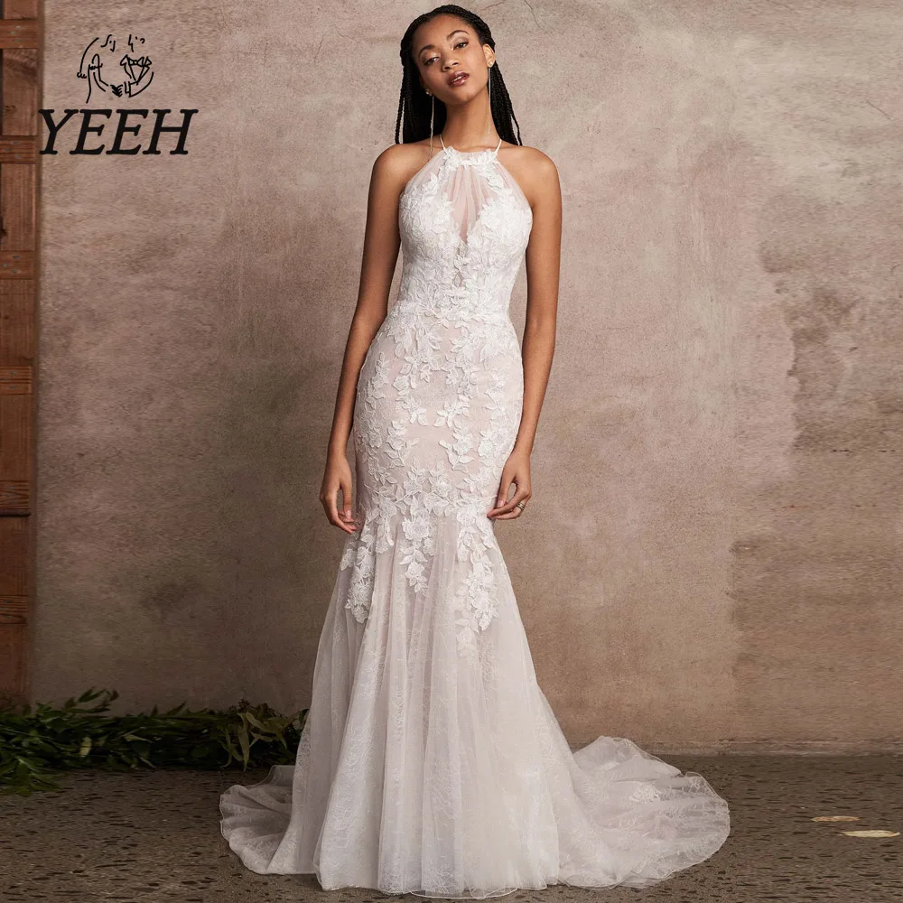 

YEEH Lace Halter Mermaid Wedding Dresses For Women Luxury Backless Cut Out Tulle Bridal Gowns Classic Sweep Train Robe De Mariée