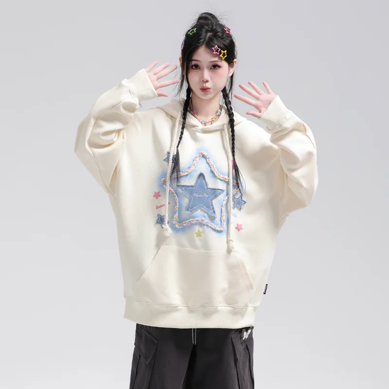Sudadera con capucha mujer bordado estrella estilo retro americano_voghion.com