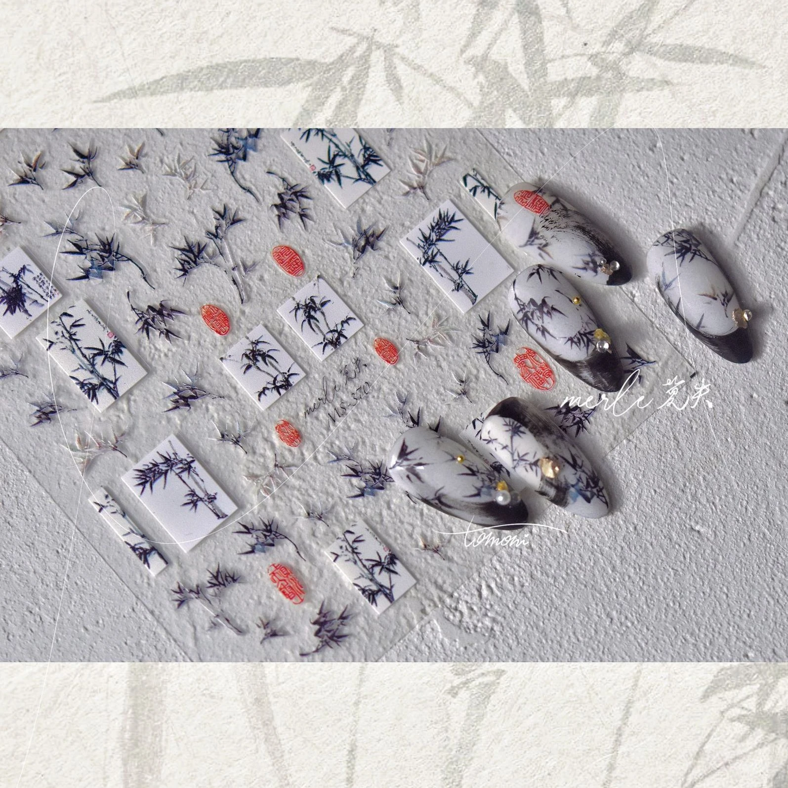 

Chinese Style Water Ink Bamboo 3D Self Adhesive Nail Art Decorations Stickers Retro Manicure Decals Wholesale