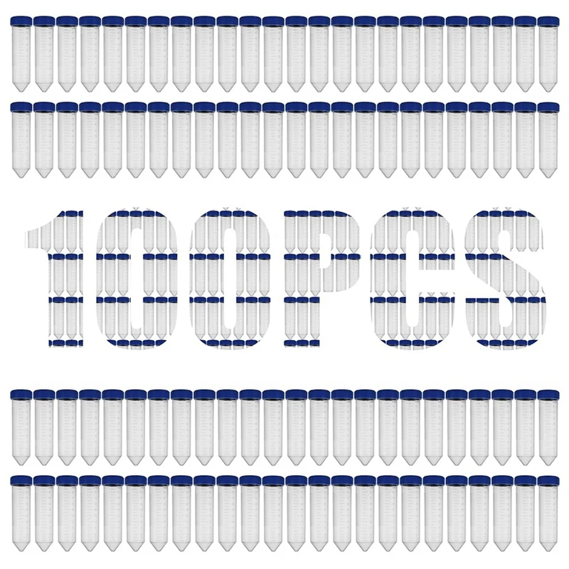 

100 PCS 50 Ml Conical Centrifuge Tubes Transparent Plastic Write-On Spots And Blue Screw Caps