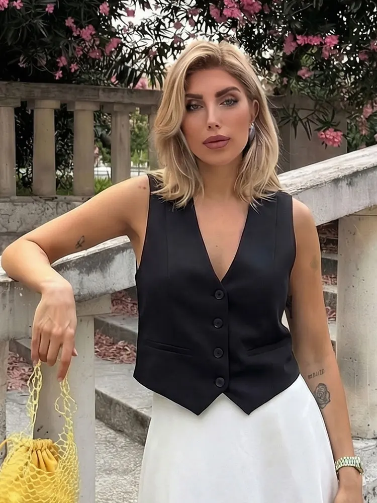 HH Women Fashion Solid Suit Vest Sleeveless Cropped Waistcoat Tops Vests Spring Summer Casual Office Lady Chic Tops