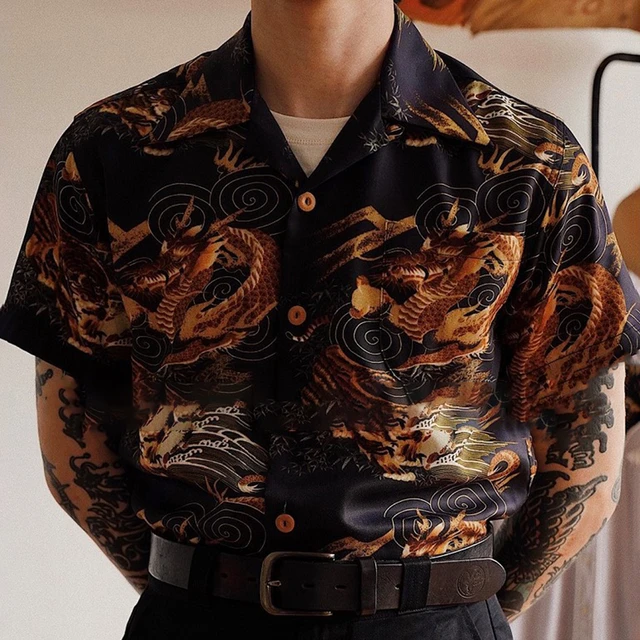 Vintage Dragon Print Short Sleeve Shirt For Men Casual Loose Cardigan Tops Summer Fashion Mens Buttoned Turn-down Collar - Shirts - AliExpress