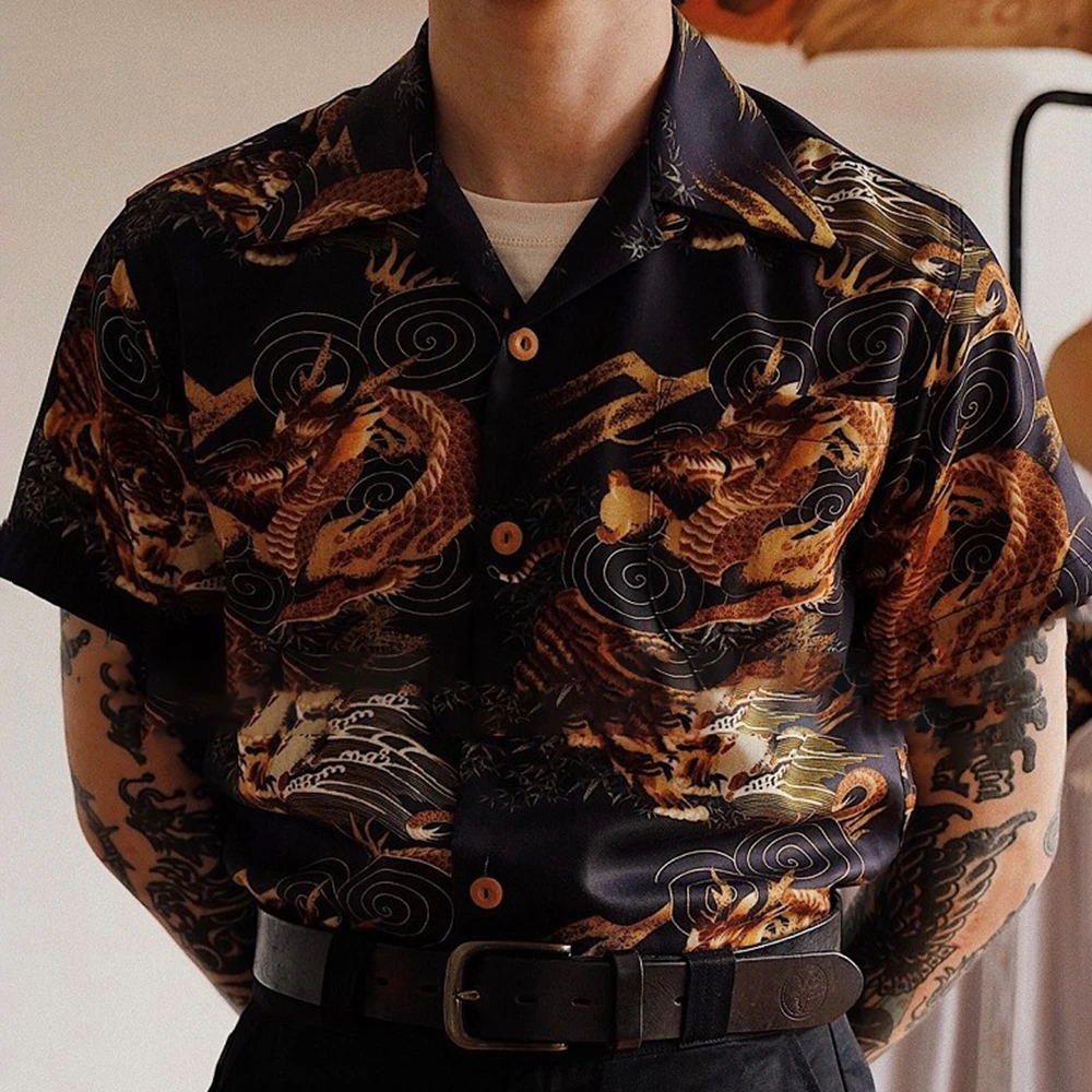 Vintage Dragon Print Short Sleeve Shirt For Men Casual Loose Cardigan ...