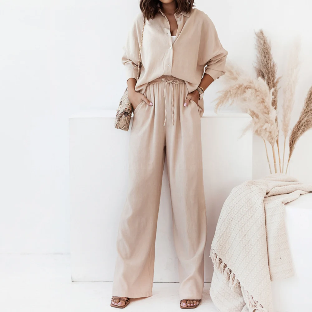 

Women Spring Autumn Retro Bohemian Wide Leg Pants Top 2 Piece Set Shirt Casual Loose Streetwear Outfit Ladies Street Pants Sets