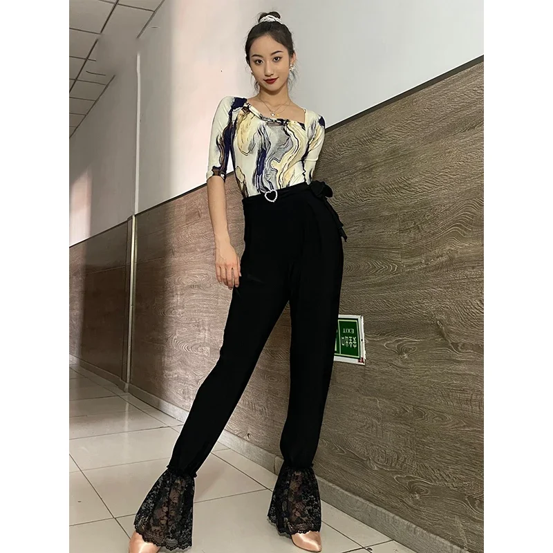 

New Ballroom Dance Clothes Women Half Sleeves Tops Black Lace Pants Latin Practice Wear Adult Waltz Tango Dance Wear DNV18061