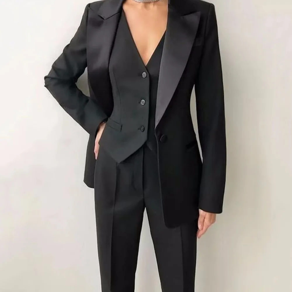 Simple Women 3 pc Black Suit Single Breasted Custom Made Designer Cotton Coat Vest with Pant Custom Made