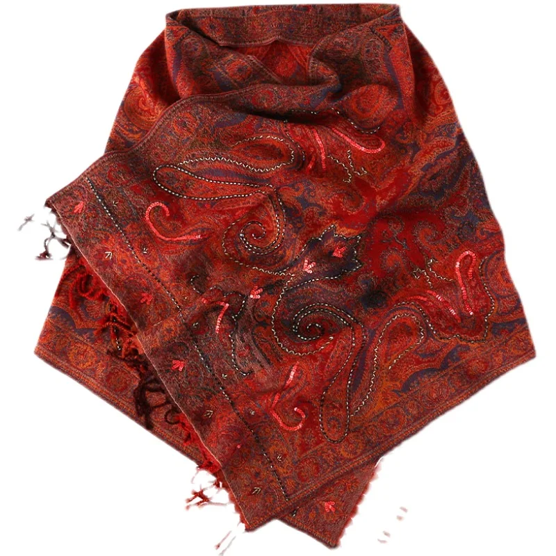 high quality FASHIN red handmade embroidery beaded cashmere /wool silk